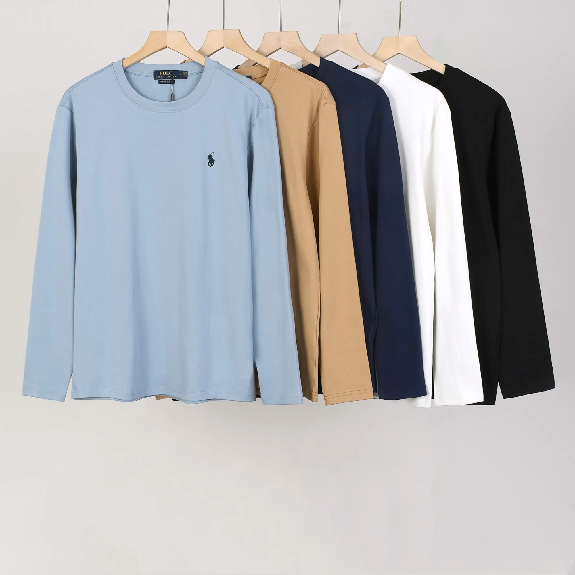P154 501#Ralph Lauren pony round neck long-sleeved T-shirt Color: Black White Royal Blue Khaki Sky Blue Size: M-XXL Fabric: 230g water-soft cotton Water-soft cotton feels soft, does not pill, does not deform, is moisture-absorbent and breathable